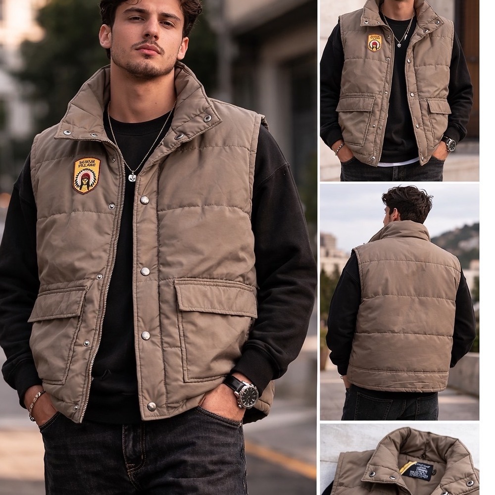 Vintage Sears Mi-Wuk Village Puffer Vest Mens Medium Tan Brown Snap‎ Button
